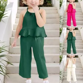 Летние детские милые подтяжки с камбалой и широкими штанинами для девочек, повседневный топ 100 бежевый