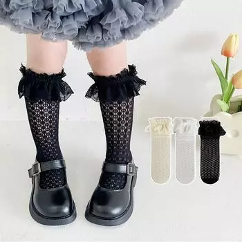 Летние детские носки для девочек, кружевные носки принцессы в стиле Лолиты с рюшами до середины икры для девочек, тонкие дышащие декоративные носки в стиле ретро для маленьких девочек