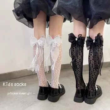Летние детские носки для девочек, модные сетчатые носки JK Lolita Bow для детей, тонкие дышащие сетчатые носки до колена для малышей чёрный