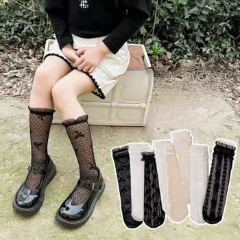 Летние детские носки для девочек, ретро кружевные оборки, милые носки из телячьей кожи для детей, тонкие дышащие оборчатые носки для принцессы