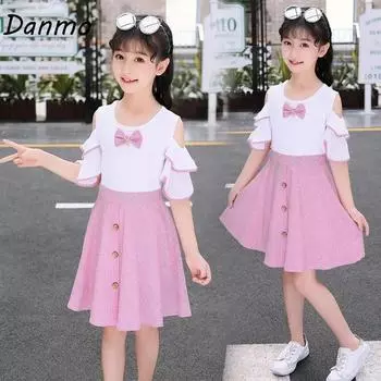 Летние детские платья Danmo для девочек, платье в полоску, детская хлопковая одежда принцессы для подростков, платье на день рождения 160 синий
