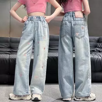 Летние детские рваные брюки для девочек, джинсы с двумя пуговицами, широкие брюки для девочек 110 синий
