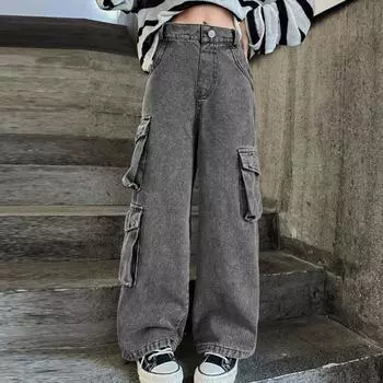 Летние детские рваные брюки для девочек, джинсы с двумя пуговицами, широкие брюки для девочек 120