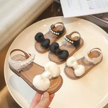 Летние детские сандалии для девочек, однотонные, принцесса, повседневные, сандалии на плоской подошве с жемчугом и бантом, модные, с открытым носком, милые детские сандалии 22 чёрный