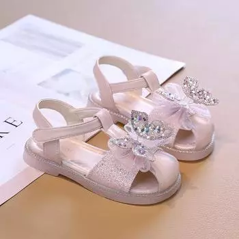 Летние детские сандалии для девочек со стразами и бабочками, принцесса, повседневные сандалии на плоской подошве, модные детские пляжные сандалии с вырезами и пайетками 26 розовый