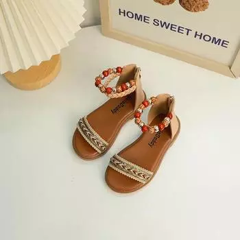 Летние детские сандалии для девочек в богемном этническом стиле, принцесса, повседневные римские сандалии с бисером, модные детские пляжные сандалии с открытым носком 23 чёрный