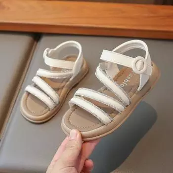 Летние детские сандалии Роскошные детские сандалии со стразами на ремешках 2024 года Модные открытые носки для девочек Повседневные римские сандалии на плоской подошве с вырезами 23 бежевый