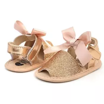 Летние детские сандалии с бантом для маленьких девочек, повседневная обувь из искусственной кожи с блестками, противоскользящая мягкая подошва, блестящая обувь для новорожденных Prewalker для первых прогулок, От 0 до 18 месяцев 6-12/M