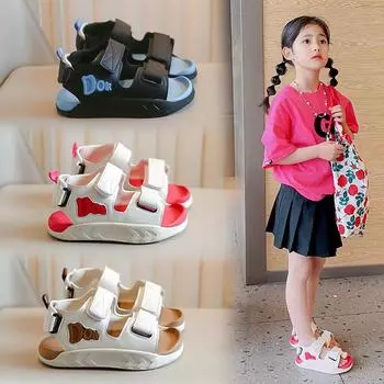 Летние детские сандалии с открытым носком, нескользящая детская пляжная обувь на мягкой подошве на липучке для школьников 26 чёрный