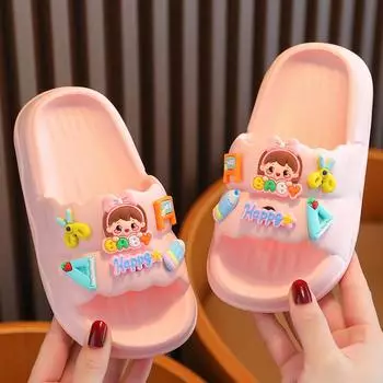 Летние детские тапочки с героями мультфильмов, женские домашние нескользящие тапочки на толстой подошве, сандалии для улицы для мальчиков и девочек 24-25 розовый