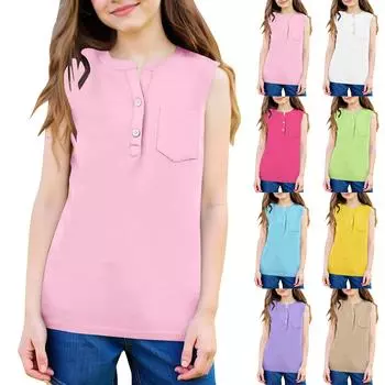 Летние детские тонкие майки для мальчиков и девочек, однотонные майки с карманами на пуговицах 110 горячий розовый