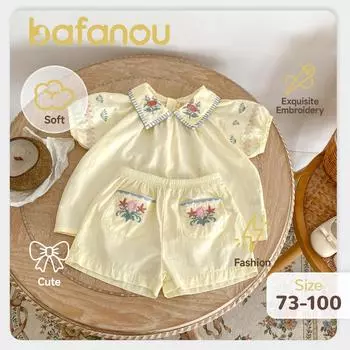 Летние детские топы и шорты для девочек, комплекты из 2 предметов, однотонная одежда для новорожденных, комплекты одежды с вышитыми цветами для маленьких девочек, bafanou 66130 90cm(18-24M) жёлтый