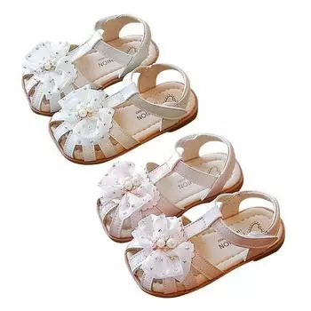 Летние детские удобные модные уличные пляжные туфли в пасторальном стиле с жемчужной сеткой и бантом, с мягкой подошвой, летние сандалии 30