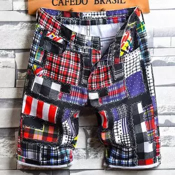 Летние дизайнерские джинсовые шорты в клетку с цветочным принтом, уличная одежда, прямые тонкие повседневные джинсы с дырками, мужская брендовая одежда 28 разноцветный