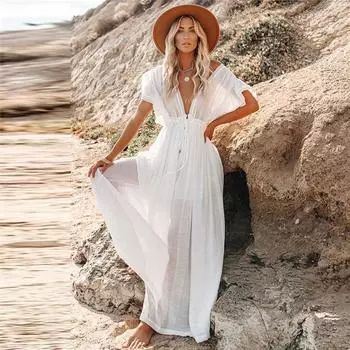 Летние длинные бикини-накидки для женщин, однотонные пляжные платья с V-образным вырезом, со шнуровкой, защищающие от солнца, купальное платье One Size