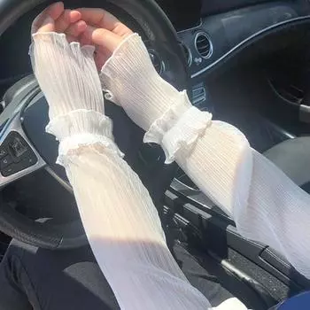 Летние длинные перчатки без пальцев для женщин, защита от солнца, тонкие кружевные сетчатые рукава, солнцезащитные варежки для вождения с защитой от ультрафиолета бежевый