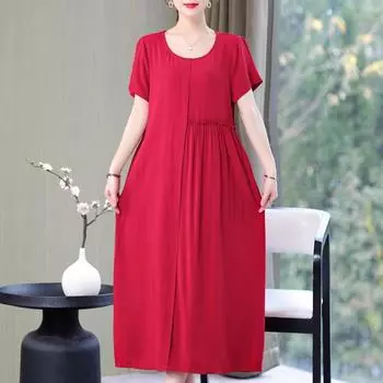 Летние длинные платья для женщин, элегантное платье с короткими рукавами, летняя однотонная винтажная женская одежда XL красный