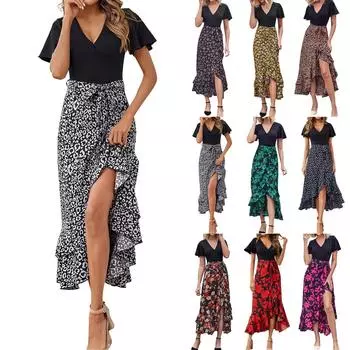 Летние длинные платья для женщин с коротким рукавом и v-образным вырезом в стиле бохо с цветочным принтом и завязкой на талии, высокие низкие рюши, коктейльное платье макси L чёрный