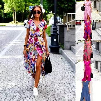 Летние длинные платья с цветочным принтом, женское сексуальное платье с v-образным вырезом и разрезом на шнуровке, женское повседневное элегантное пляжное платье с коротким рукавом, Vestidos S синий/красный