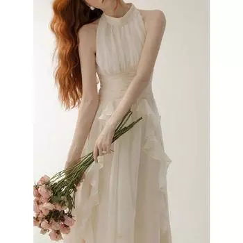 Летние длинные платья с висячим вырезом на берегу моря и бретельками на шее S белый