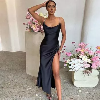 Летние длинные платья с высоким разрезом Y2k, сексуальное бандажное платье с открытой спиной, женский вечерний сарафан без рукавов 2023, халат, клубная одежда 24947 S чёрный