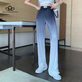 Летние длинные свободные брюки градиентного цвета, 2021, женская уличная одежда, повседневные прямые широкие брюки, женские тонкие шикарные брюки ONE SIZE синий