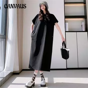 Летние длинные женские платья больших размеров с вышивкой, свободные платья с круглым вырезом L чёрный