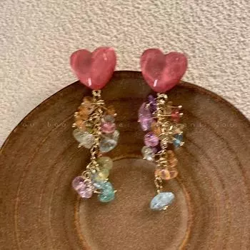 Летние дофаминовые серьги-кисточки с преувеличенным гравием Heart gravel tassel earrings-Silver Needle