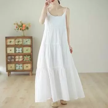 Летние двухслойные хлопковые льняные белые платья, художественное ретро-платье в этническом стиле, длинное платье без бретелек для женщин M белый