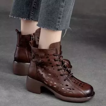 Летние дышащие ботинки Johnature, сандалии из натуральной кожи с круглым носком в стиле ретро, женская обувь на среднем каблуке 35 чёрный