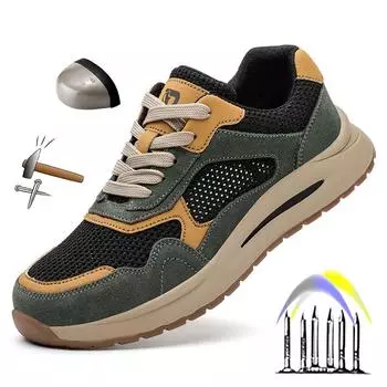 Летние дышащие ботинки unise, мужские рабочие ботинки со стальным носком, защитная обувь, нескользящие мужские рабочие спортивные уличные кроссовки с защитой от проколов 37 зелёный