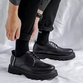 Летние дышащие британские кожаные туфли, повседневные деловые туфли, маленькие кожаные туфли, мужские тонкие корейские туфли, модный молодежный костюм 3259-R 38 чёрный