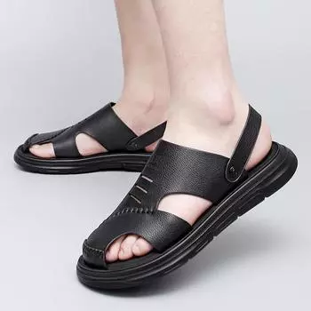 Летние дышащие кожаные сандалии мужские тапочки пляжная обувь с застежкой-молнией повседневная обувь удобные сандалии для рыбалки и прогулок на открытом воздухе 38 чёрный