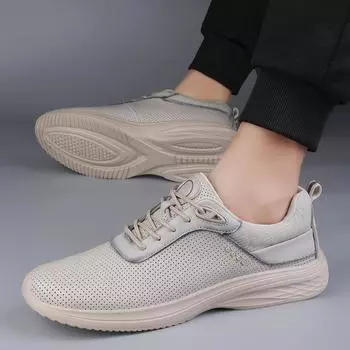 Летние дышащие кожаные туфли, модные мокасины, альпинистская обувь, мужская удобная обувь, универсальные туфли для вождения с открытыми носками 38 бежевый