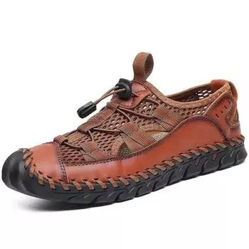 Летние дышащие мужские сандалии, модные римские сандалии, повседневная обувь из сетки ручной работы, мужские пляжные сандалии на платформе для отдыха на открытом воздухе 39 коричневый