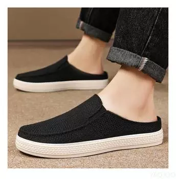 Летние дышащие однотонные универсальные и удобные мужские тканевые туфли на одну ногу, повседневные легкие лоферы-полушлепанцы 44 чёрный