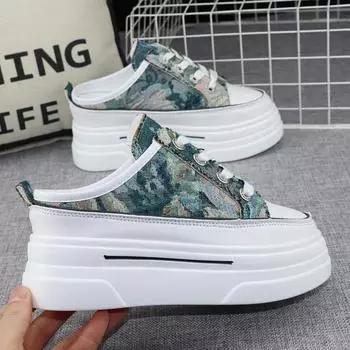 Летние дышащие полутапочки из ткани, женская верхняя одежда без каблука, внутренняя отделка, 8 см, толстая подошва, без шнуровки, ленивые кроссовки 34 чёрный