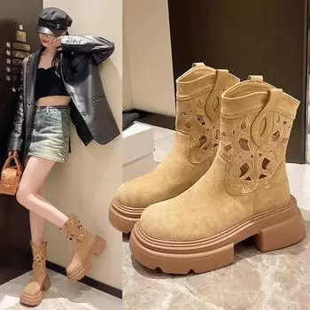 Летние дышащие полые ботильоны женские ботинки на толстой платформе для женщин из искусственной замши с вышивкой высшего качества ковбойские сапоги 35