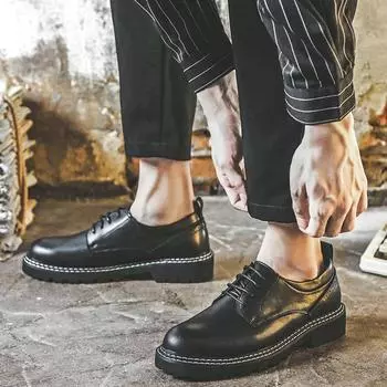 Летние дышащие повседневные кожаные туфли мужские Tide с круглым носком на британской платформе со шнуровкой M104-J 38 чёрный