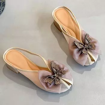 Летние дышащие сетчатые марлевые тапочки с покрытием головы женские тапочки с юбкой бантом толстые женские 2024 новые тапочки 35 абрикосовый