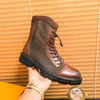 Летние дышащие сетчатые модные уличные кожаные ботинки средней длины со шнуровкой Ботильоны черные металлические ботинки Cyberpk для молодых мужчин 38 чёрный