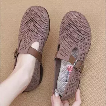 Летние дышащие сетчатые туфли на плоской подошве с круглым носком для женщин, нескользящая повседневная обувь для отдыха на открытом воздухе, женская мягкая портативная обувь для ходьбы 35 кофейный