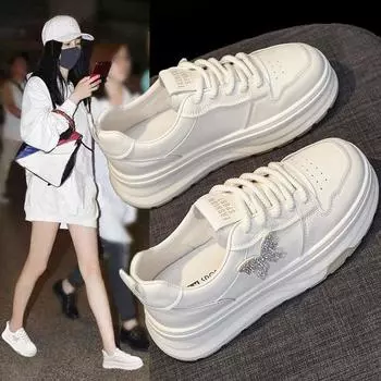 Летние дышащие тонкие женские туфли из кожи белого цвета, весенние и осенние новые толстые подошвы, увеличенные повседневными спортивными кроссовками для скейтбординга 35