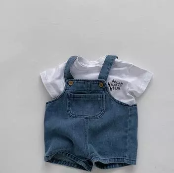 Летние джинсовые комплекты для мальчиков и девочек, хлопковая футболка с короткими рукавами + синий комбинезон для малышей 73