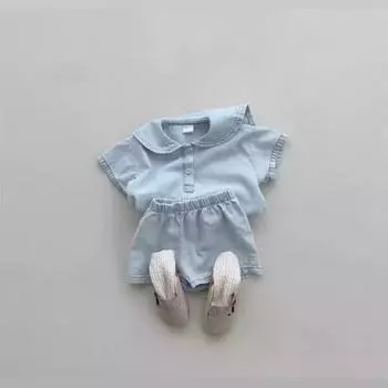 Летние джинсовые наряды для мальчиков и девочек, топ с короткими рукавами с лацканами и шорты, комплекты детской одежды 73
