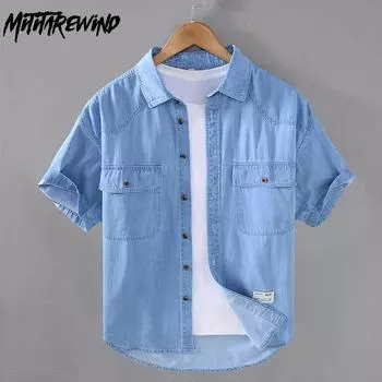 Летние джинсовые рубашки с короткими рукавами для мужчин, японская ретро-стиль, джинсовая рубашка, мужская, квадратная, удобная, молодежная, свободная рубашка M светло-синий