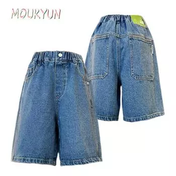 Летние джинсовые шорты для девочек, синие, 120-170, детские брюки средней длины, тонкие, широкие брюки 120 синий