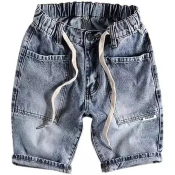Летние джинсовые шорты, мужские тонкие мужские прямые свободные укороченные брюки, повседневные брюки, мужские карты Spell Card 28 светло-синий