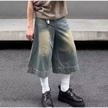 Летние джинсовые шорты женские прямые в американском стиле винтажная стирка High Street широкие потертые повседневные универсальные S синий