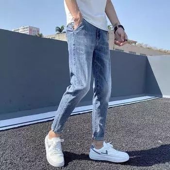 Летние джинсы Nine-minute, мужские, трендовые, узкие, маленькие, новые, синие, эластичные, мужские брюки 30 синий